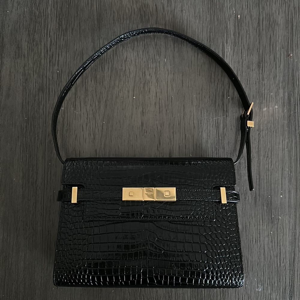 Yves Saint Laurent Black Croc-Embossed Shoulder Bag
